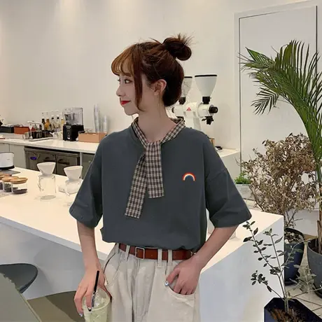 2023年新款春夏季情侣女装别致小众设计感上衣服正肩短袖t恤潮ins图片