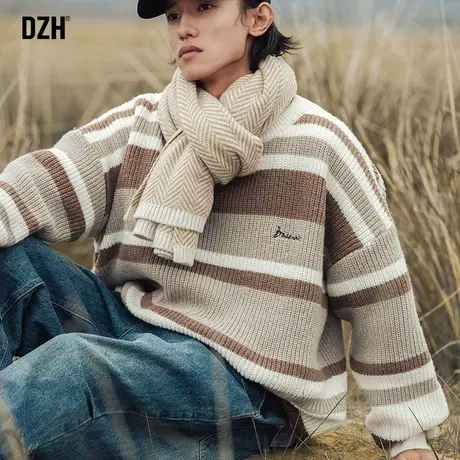 男士条纹毛衣男圆领秋冬宽松慵懒风长袖针织上衣韩版潮流毛线衣潮商品大图