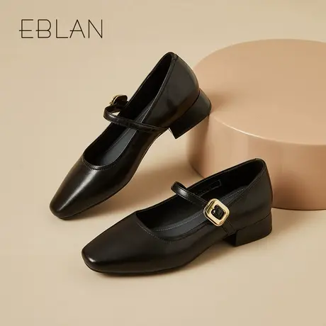 EBLAN/伊伴法式单鞋女2025春季新款方头粗跟一字带浅口玛丽珍鞋图片