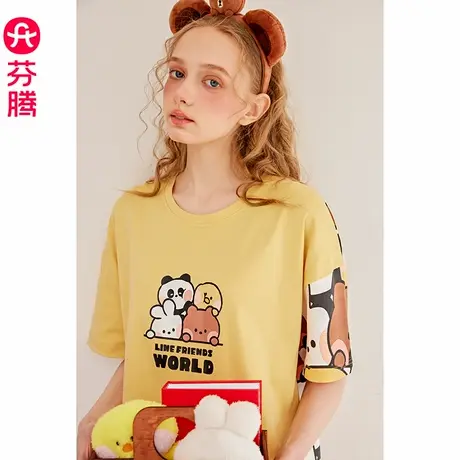 芬腾布朗熊睡裙女夏季纯棉短袖睡衣裙凉感可爱女款休闲家居服中裙图片