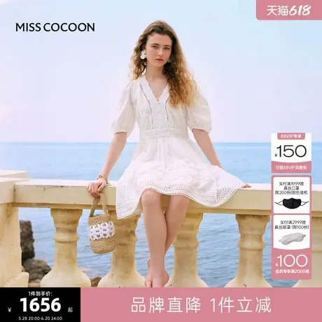 李兰迪同款可可尼法式度假蕾丝连衣裙女2025夏季新款镂空小白裙图片