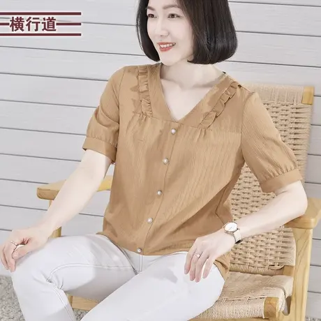 2023夏季新款韩版淑女V领木耳边排扣短袖衬衣女外穿上衣大码妈妈图片