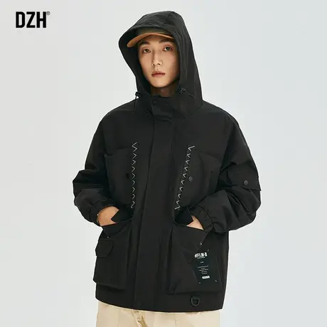 男士黑色工装外套男春秋款潮大码宽松连帽冲锋衣上衣男装休闲夹克商品大图