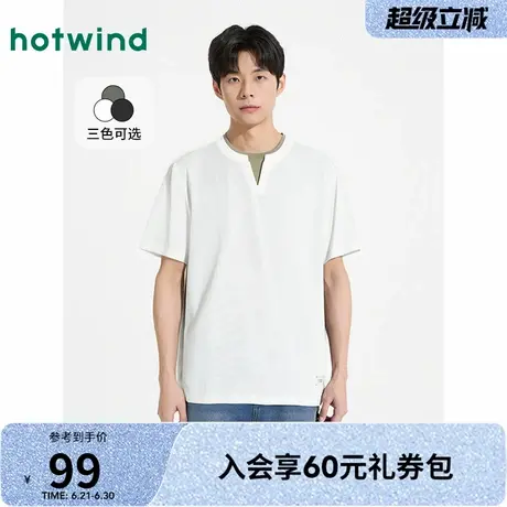 热风男士宽松短袖T恤上衣2025年夏季新款V领拼接假两件韩系T恤商品大图