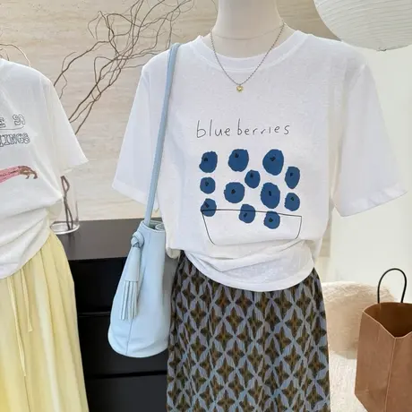 2025夏季新款宽松显瘦百搭小众上衣字母印花雪花棉短袖T恤女上衣商品大图