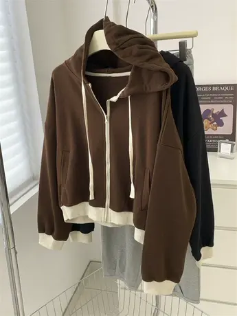 美式复古拼色抽绳连帽卫衣女2023新款宽松显瘦百搭拉链开衫外套秋商品大图