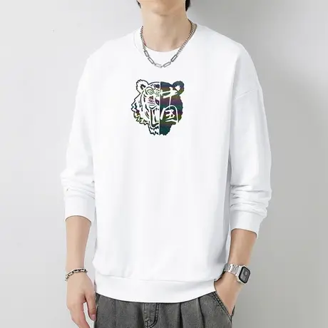 380g重磅纯棉白色卫衣男中国潮流虎头摇粒绒圆领无帽宽松长袖t恤商品大图