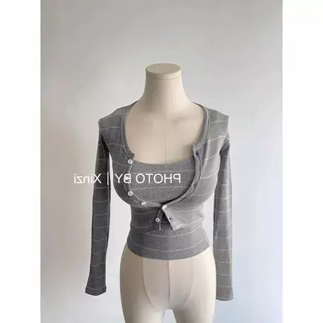 速发！u领打底背心加开衫套装女春季穿搭小个子高级别致绝美上衣图片