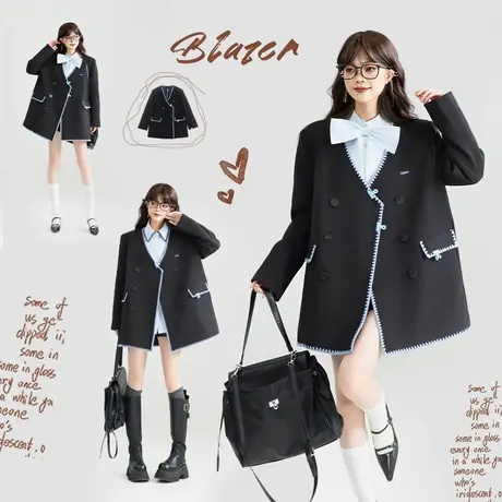 KEIKO 法式文艺感黑色无领西装外套25秋季高级感贝壳绣廓型小西服商品大图