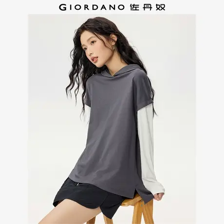 佐丹奴miu系卫衣女秋冬新款纯棉假两件宽松撞色连帽上衣13325797商品大图