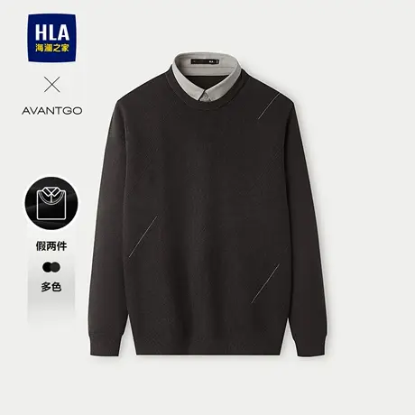 HLA/海澜之家假两件领针织衫25秋新款圆领长袖提花时尚黑色毛衣男商品大图