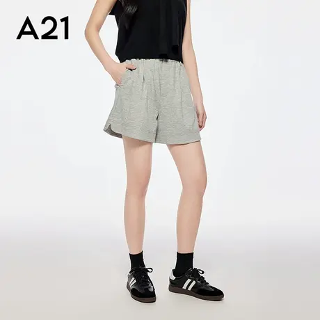 A21女装三色可选休闲短裤简约松紧腰侧开叉宽松直筒裤慵懒风百搭商品大图
