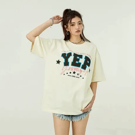 YEP字母印花美式短袖T恤女2023新款夏季纯棉宽松盐系半袖上衣ins商品大图