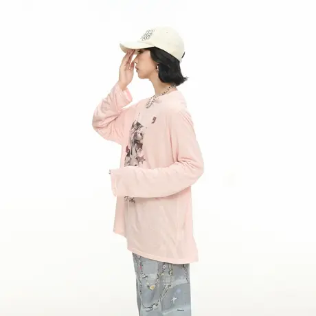 美式复古街头创意印花长袖T恤女春秋新款宽松轻薄空调衫防晒罩衫商品大图