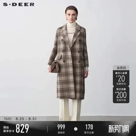 sdeer圣迪奥冬季女装OL风西装领格纹毛呢长款大衣S23482522商品大图
