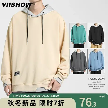 VIISHOW连帽卫衣男秋季新款潮牌拼接假两件外套宽松休闲港风上衣商品大图