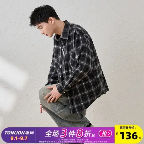 唐狮秋季新款格子长袖衬衫男翻领双口袋工装衬衣青少年格纹外套潮商品大图