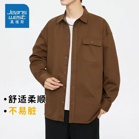 KZH真维斯美式长袖衬衫男秋季新款宽松时尚外套商务潮流休闲上衣商品大图