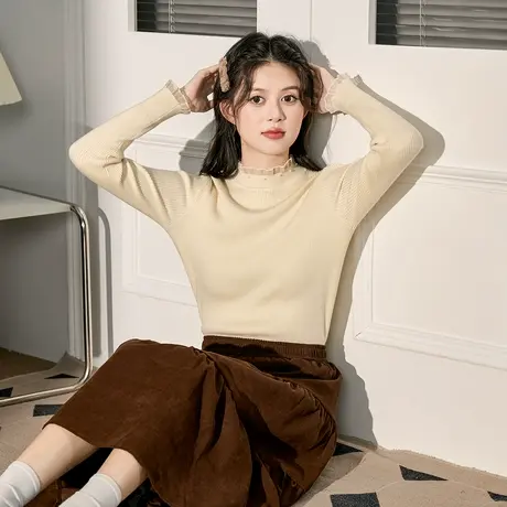 唐狮蕾丝半高领打底衫女2024新款早秋穿搭小众设计感气质内搭上衣图片