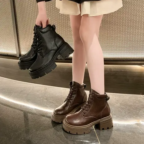 厚底气质马丁靴女2025秋季新款英伦风系带时尚短靴增高小个子靴子商品大图