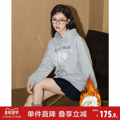 唐狮2025秋冬季加绒连帽卫衣女印花少女学生灰色卫衣外套时尚宽松商品大图