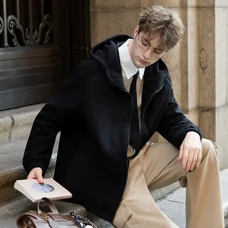 唐狮秋冬季短款外套摇粒绒加厚保暖连帽黑色宽松休闲风百搭TUTA图片