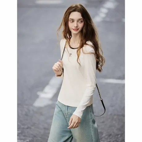 唐狮新款春秋打底衫女圆领撞边蝴蝶结长袖打底衣修身百搭显瘦TMTA图片