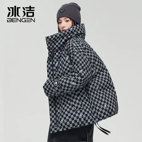 冰洁鸭绒羽绒服女2023秋冬季新款时尚满印潮流防寒保暖高领外套KB商品大图