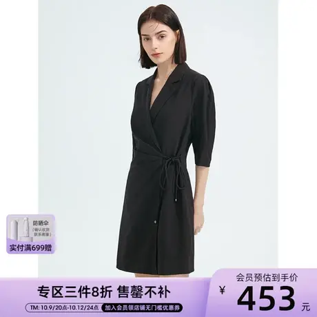 朗姿气质黑色系带西装领高腰修身西装连衣裙女2022年秋季新款商品大图