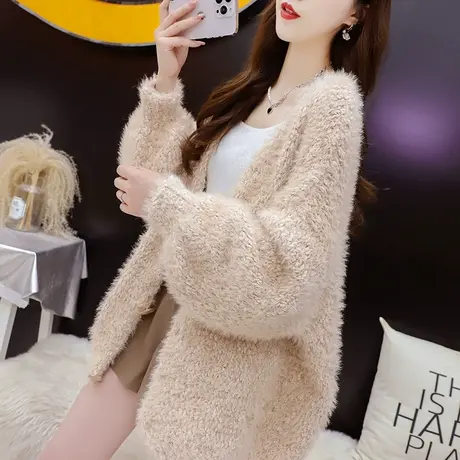 宽松慵懒风毛衣开衫女2023新款秋冬季洋气减龄网红毛茸茸针织外套图片