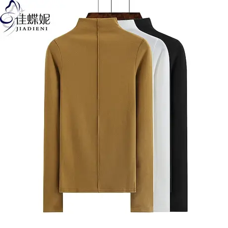 秋冬新款半高领修身显瘦纯色纯棉压线拼接长袖体恤上衣女打底衫商品大图
