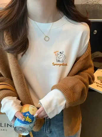 仿棉长袖t恤女2023新款秋冬季加绒内搭打底衫小众设计感万能上衣商品大图