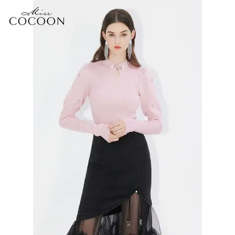 missCOCOON【凤羽雀翎系列】24春新款新中式气质泡泡袖羊毛针织衫商品大图
