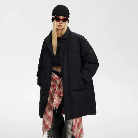 复古黑色中长款棉服女冬季加厚外套2023新款保暖宽松oversize棉衣商品大图