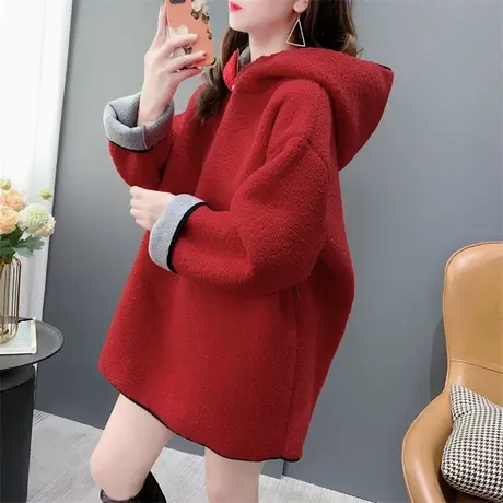 红色加绒羊羔毛卫衣外套女秋冬2023年新款宽松休闲爆款设计感上衣商品大图