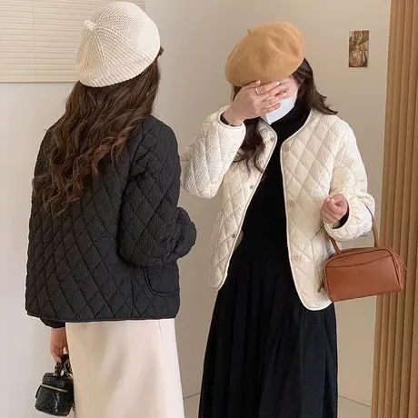 菱形羽绒棉服女2023秋冬季新款小个子棉袄短款气质小香风棉衣外套图片