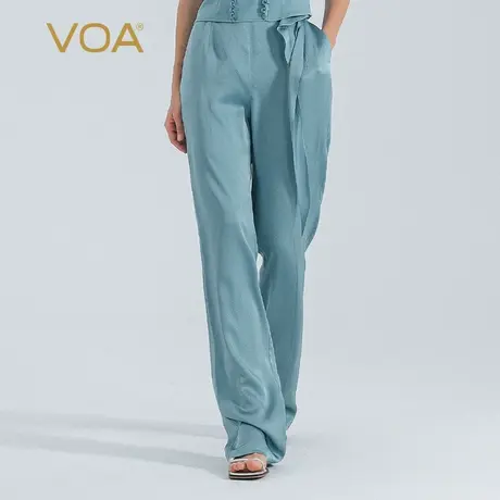 VOA柔蓝色珍珠缎桑蚕丝自然腰不对称活页侧插袋休闲真丝直筒长裤图片