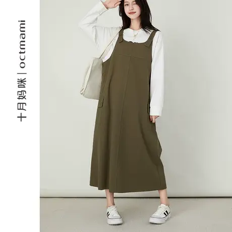 十月妈咪孕妇工装风背带裙春秋外穿宽松减龄显瘦中长款马甲裙春装商品大图