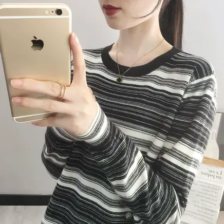 5372新款韩版宽松圆领条纹纽扣针织衫打底衫长袖毛衣内搭上衣商品大图