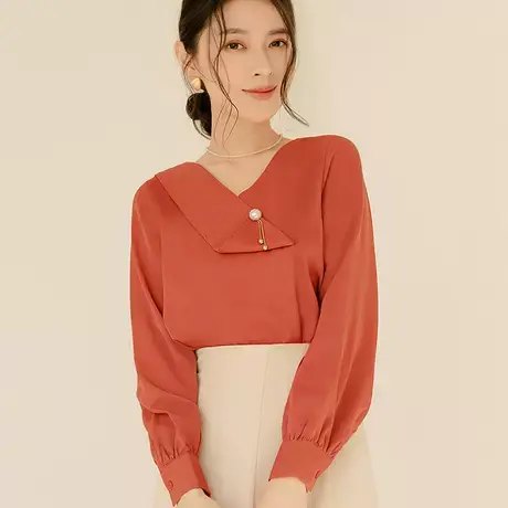 桔熊春秋季通勤雪纺衫设计感V领珍珠别针长袖上衣女装大码AB16502图片