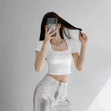 辣妹白色正肩短袖T恤女夏季2023新款纯欲风小众方领修身短款上衣商品大图