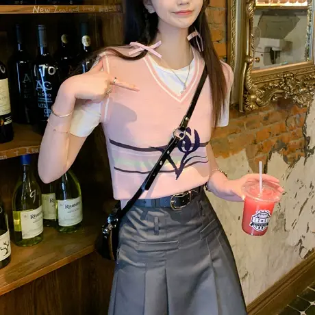 othermix  韩版学院风拼接假两件T恤2023夏季新款甜图片