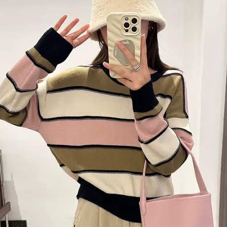 撞色条纹时尚韩版针织衫套头女装毛衣2023秋冬新款慵懒风洋气上衣商品大图