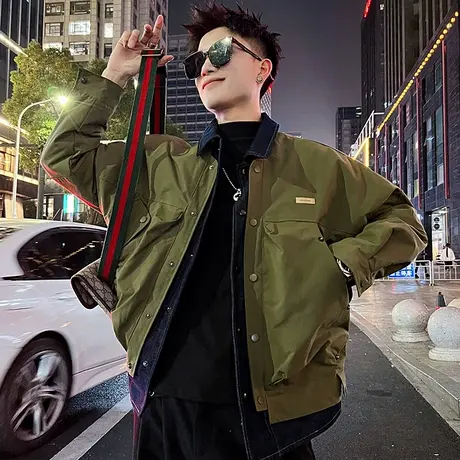 重磅牛仔拼接假两件夹棉外套男冬季潮牌潮男痞帅穿搭加厚工装夹克商品大图