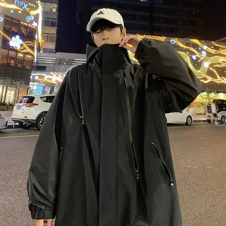 潮流冲锋衣夹克男春秋季2024新款连帽休闲登山服纯色工装拉链开衫商品大图