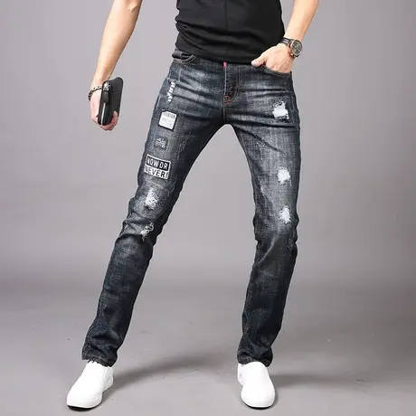 男士破洞刺绣牛仔裤男款秋冬薄2023新款潮牌休闲弹力修身小脚裤子图片