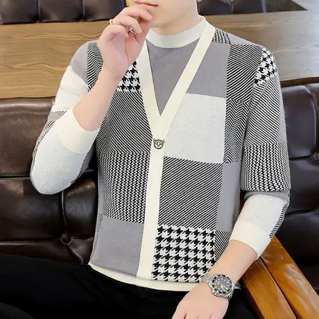 秋冬季拼接半高领毛衣男士潮牌个性假两件针织t恤高级感打底线衫商品大图