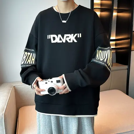 重磅卫衣男春秋季新款潮牌字母印花假两件内搭打底衫男士长袖T恤商品大图