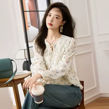 时尚气质碎花长袖衬衫2023年秋新款淑女温柔V领宽松显瘦通勤上衣商品大图