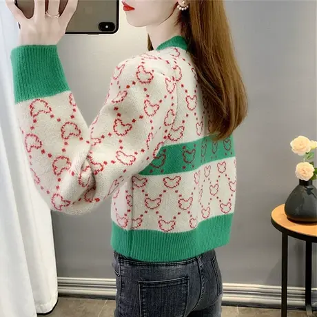 针织开衫女毛衣新款2023短款拼色洋气小香风小众别致小个子小外套商品大图